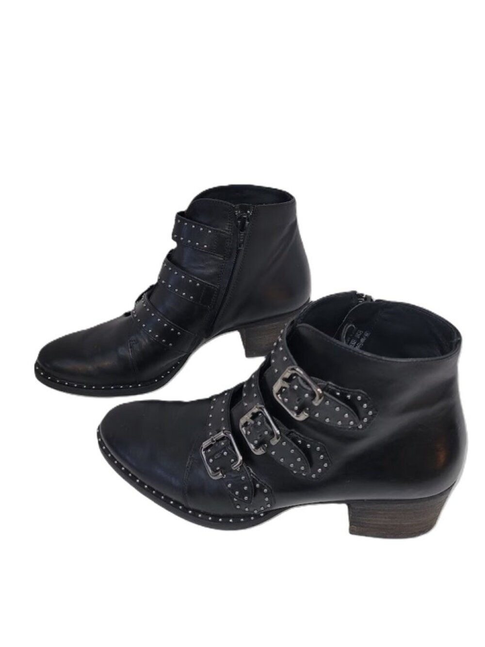 Paul Green Boots Soho Moto Silver Studded Black Leather Buckle Booties SZ US 6.5